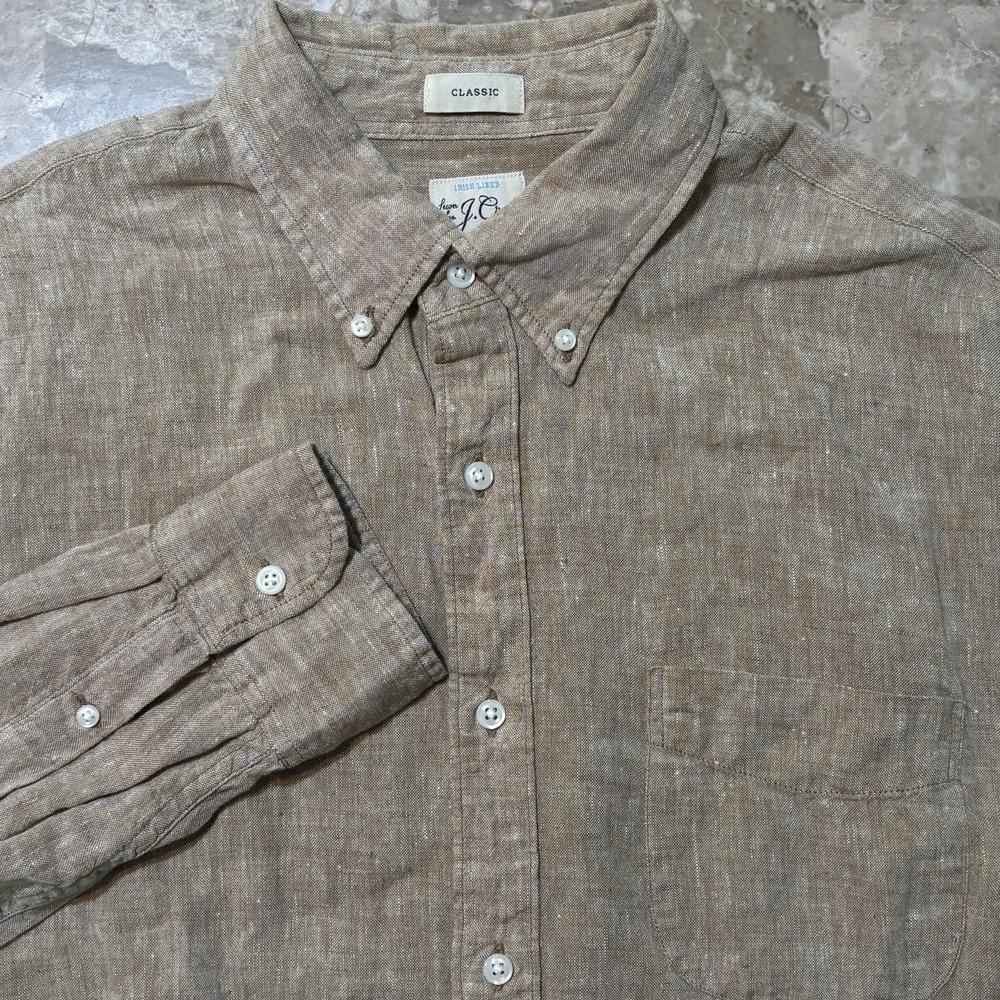 J Crew Shirt Mens Large Classic Fit Brown Irish Linen Long Sleeve Button Baird